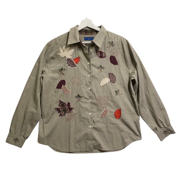 Karen Scot sport nature leaf patch long sleeve button up shirt L brown - Picture 4 of 6